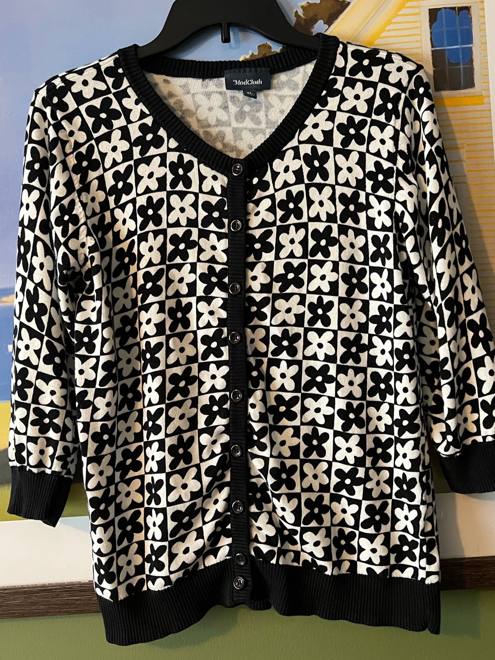 ModCloth Black & White Floral Check Cardigan Sweater Retro 60s revival 90s